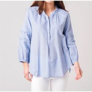 Dylan Malibu Fray Ruffled Tunic peasant top Blouse Large Baby blue Linen Boho